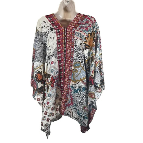 Chicos Bordered Floral Poncho modal silk blend Sm/Medium - Picture 2 of 10